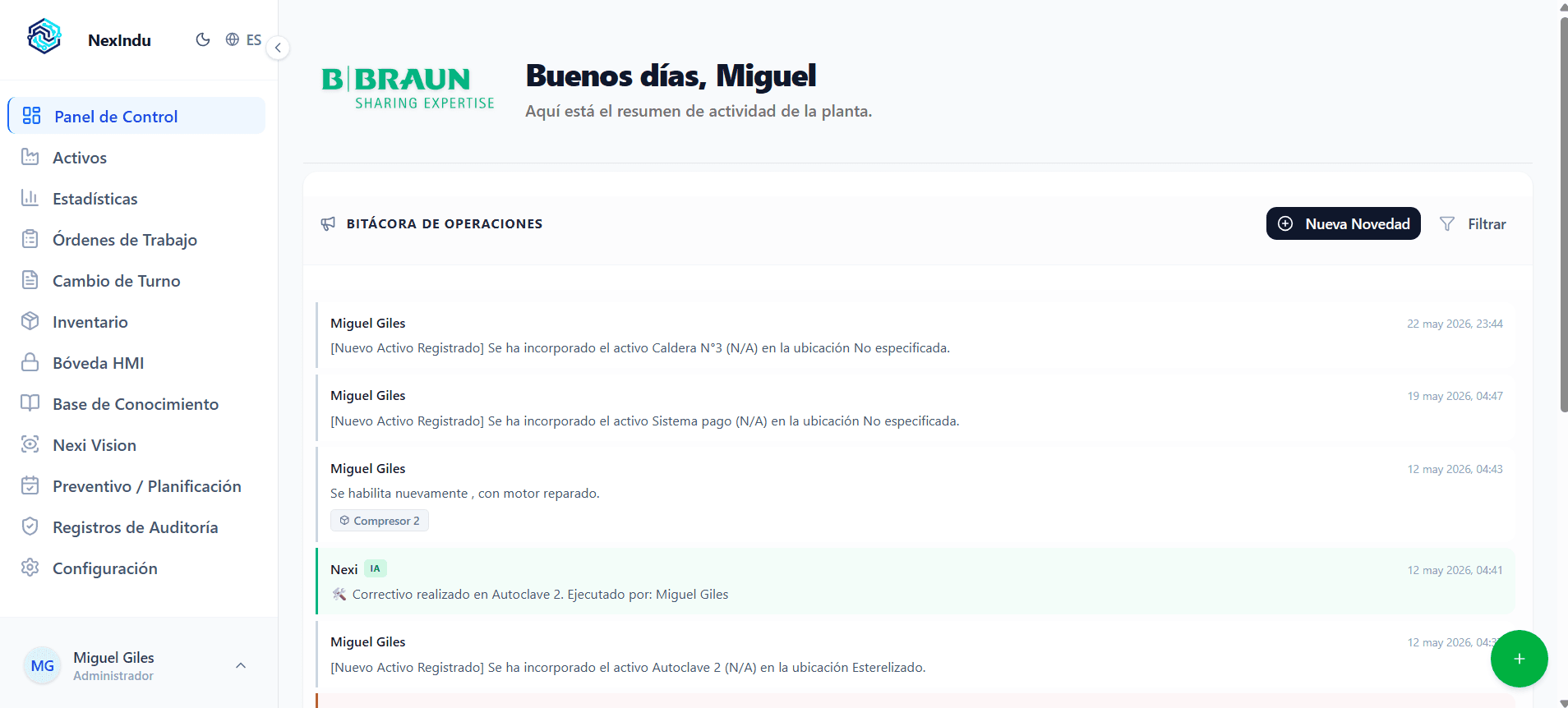 NexIndu dashboard showing maintenance KPIs and the plant logbook
