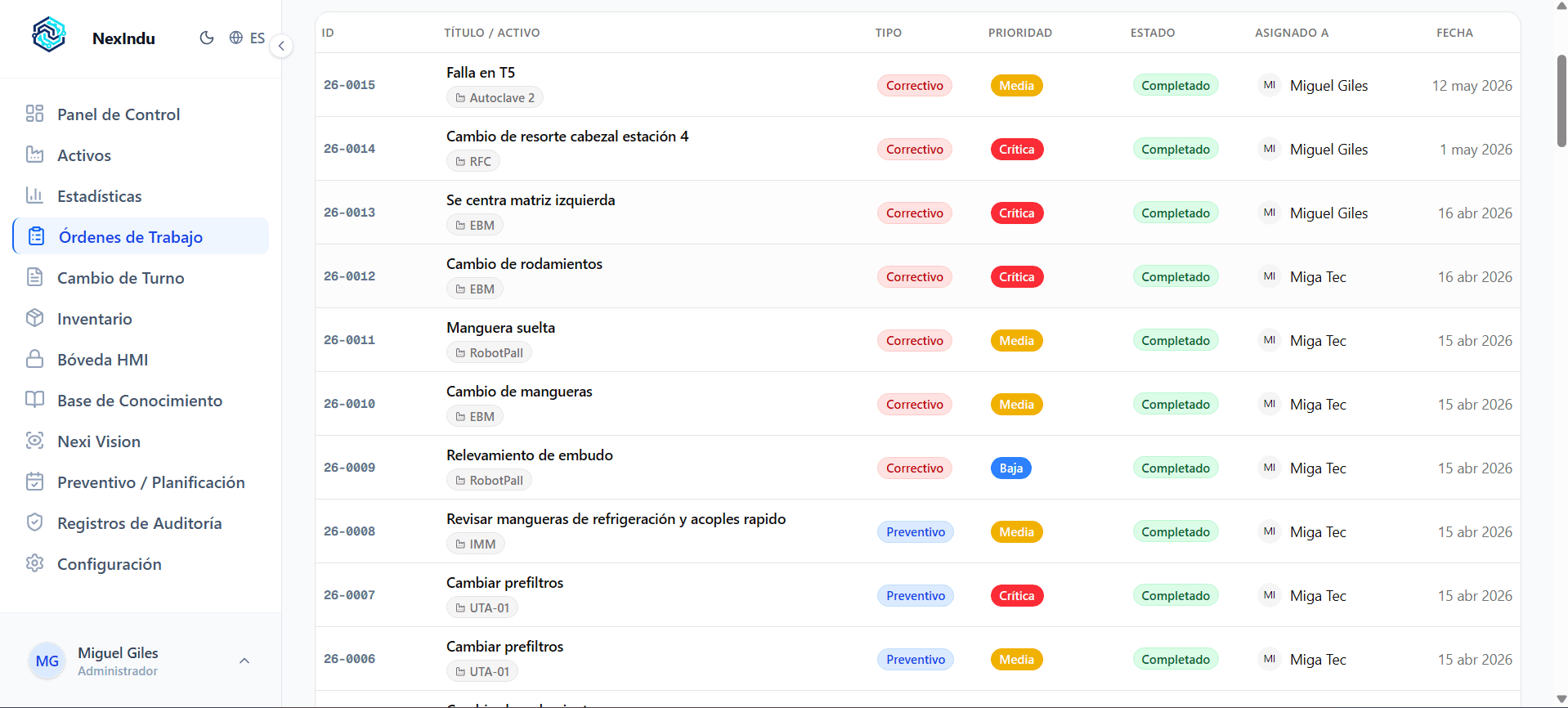 Work order list in NexIndu