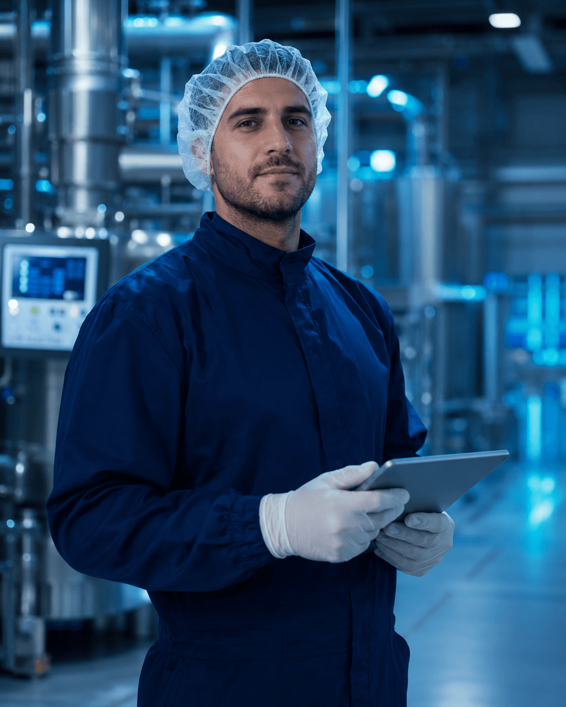 Technician inspecting plant equipment with a tablet in hand