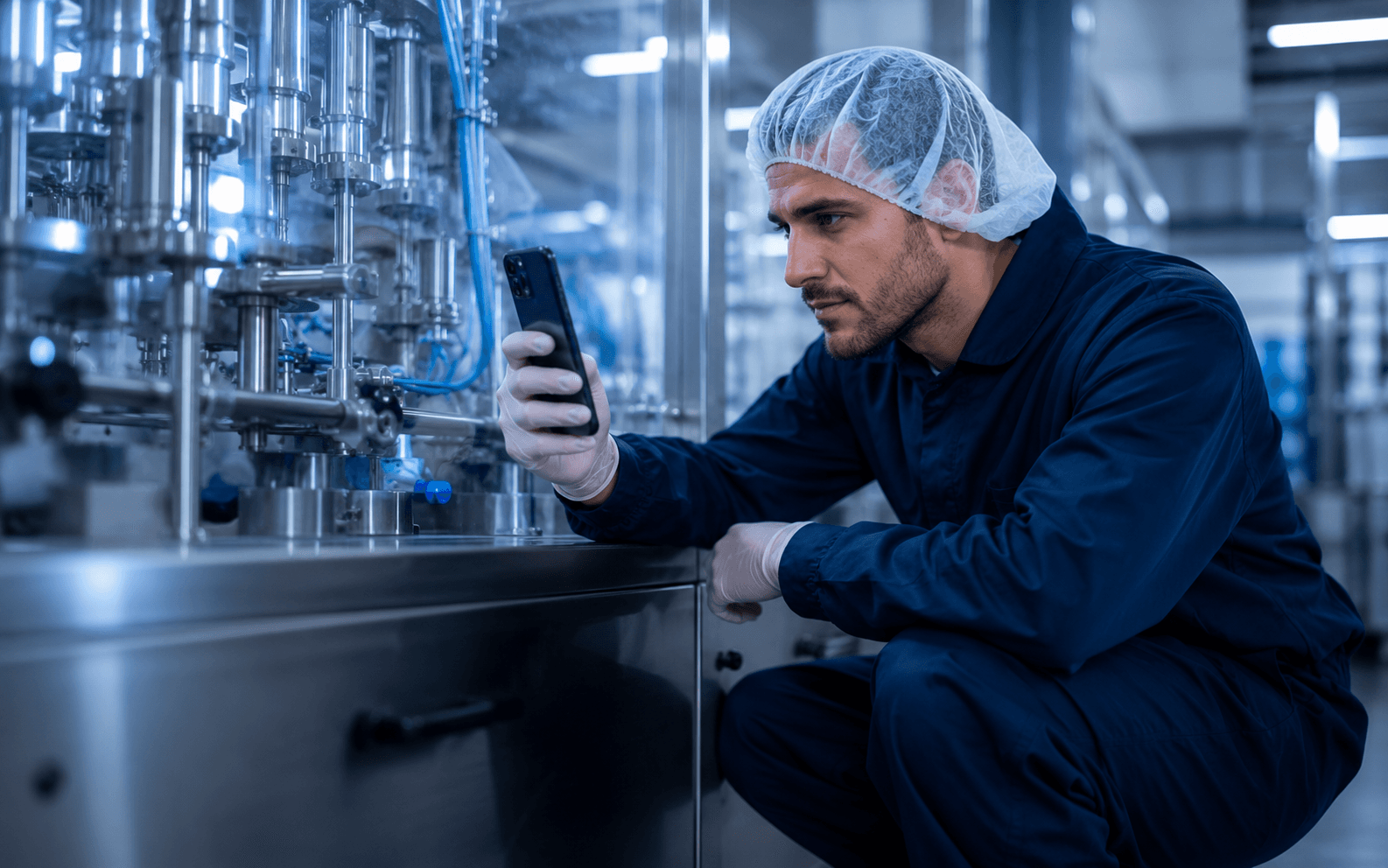 Technician inspecting a machine and logging the failure from the plant floor